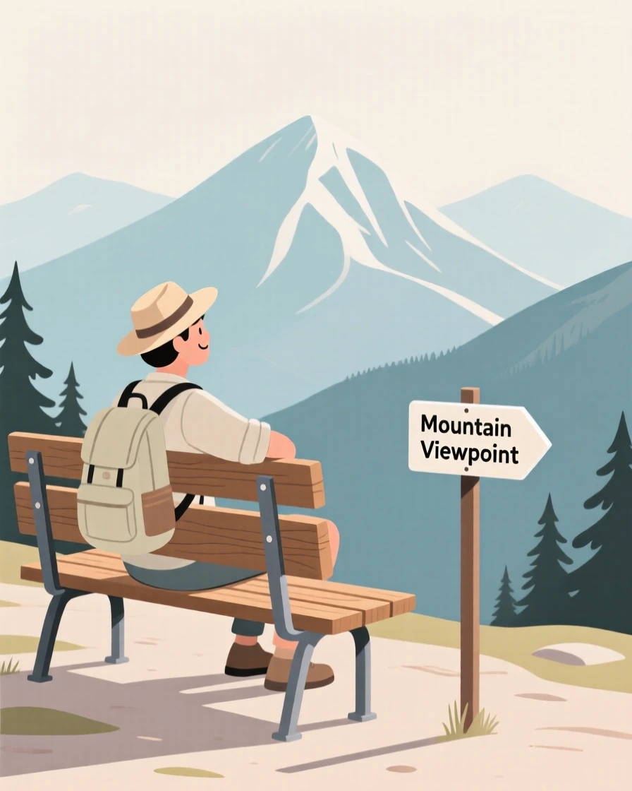 A traveler resting on a bench near a mountain viewpoint.