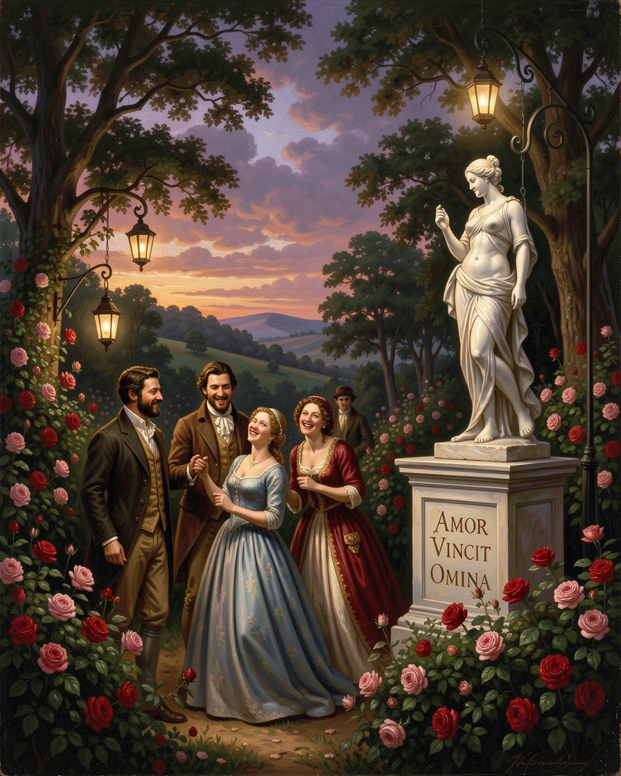A group of friends plays among the hedges of a rose garden beneath a marble statue as lanterns are lit for evening.