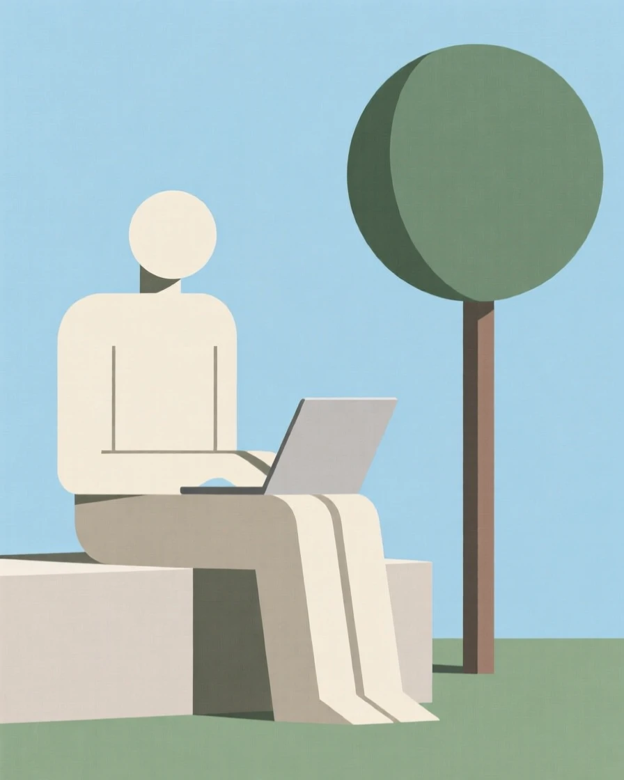 A person working remotely from a laptop outdoors