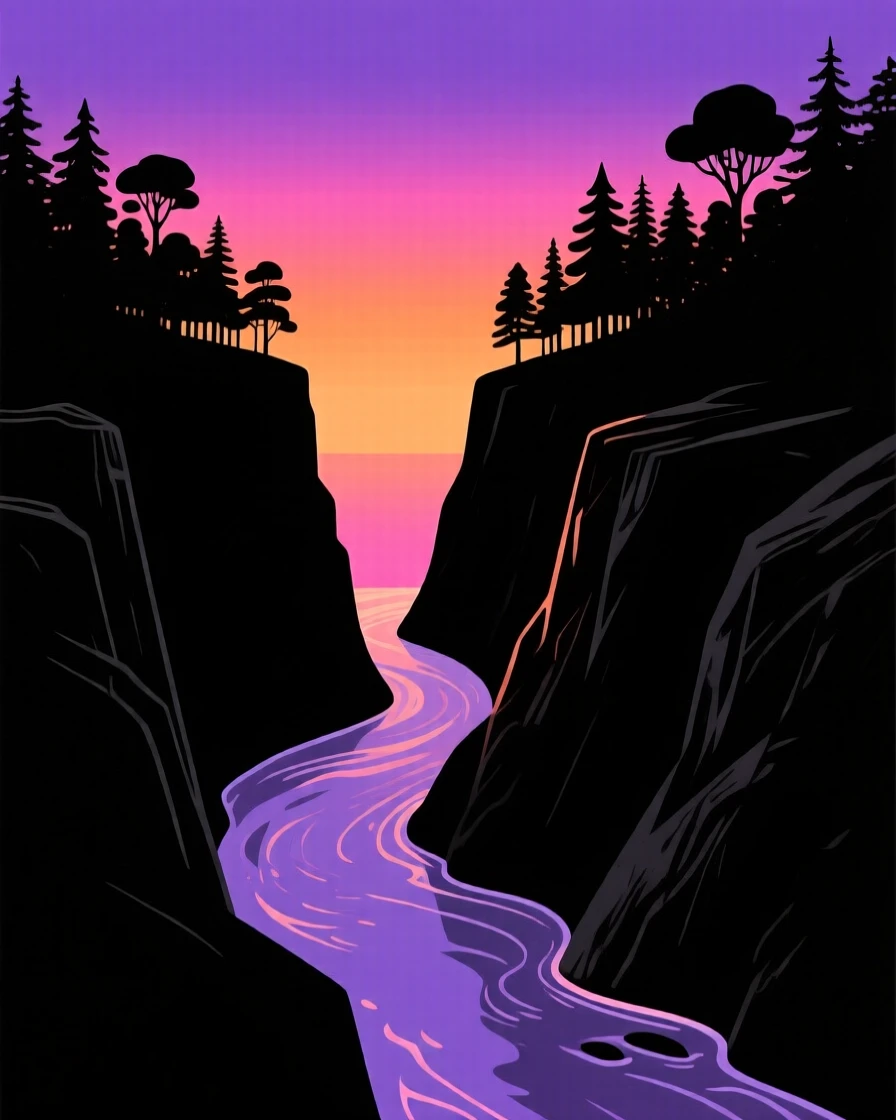 A winding river carving through a deep, forested gorge.