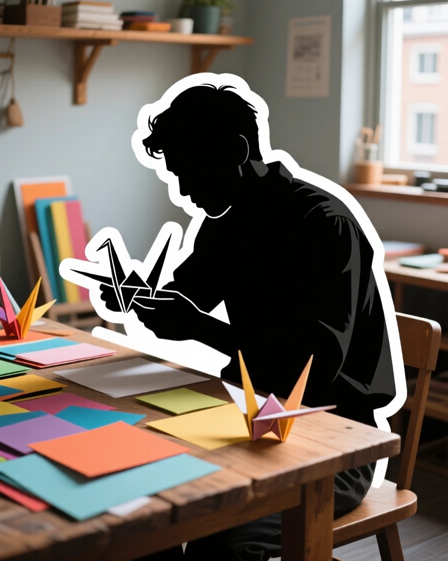 An intensely focused origami artist folding a paper crane, with colorful materials spread all around, at a cozy neighborhood workshop.