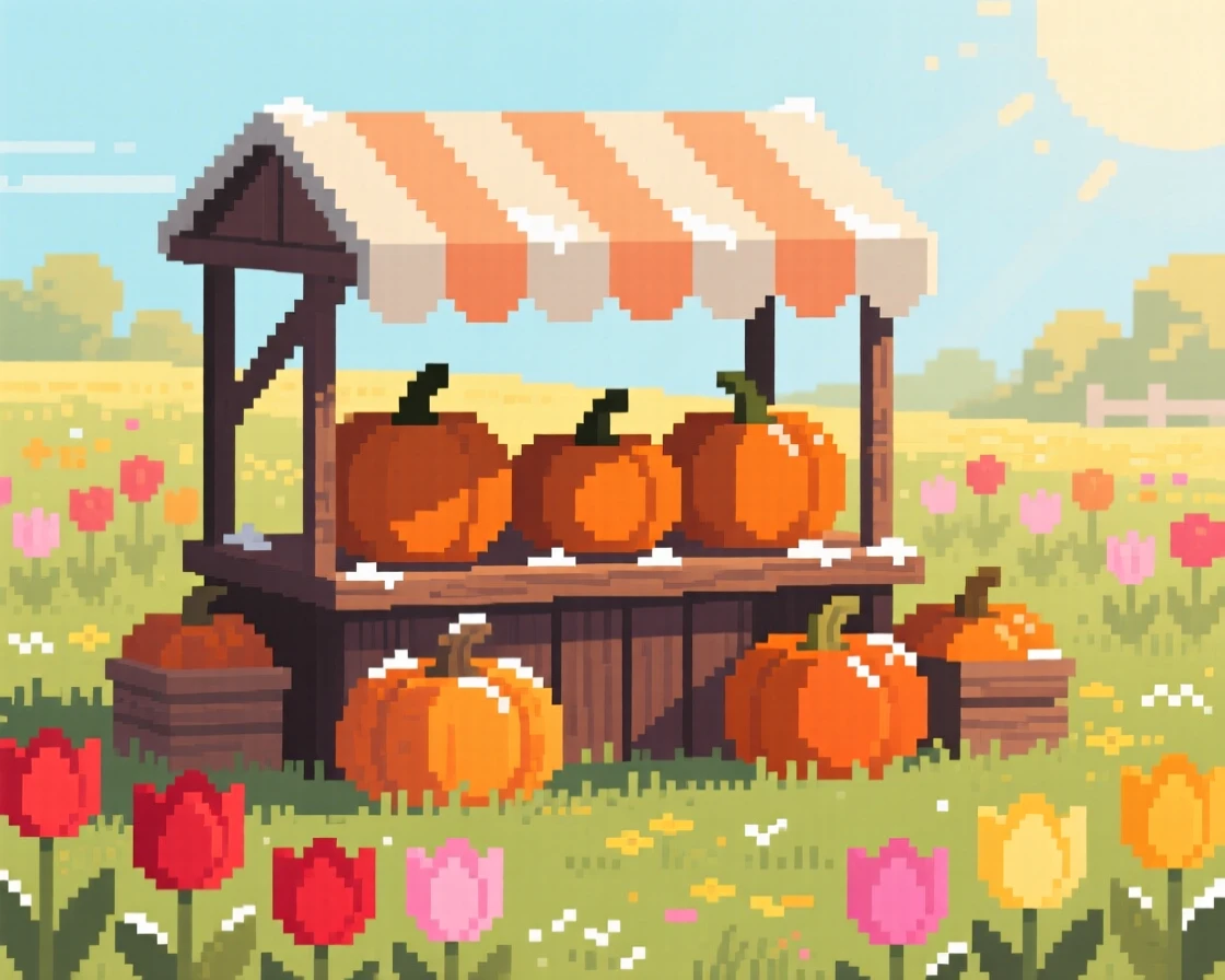 A market stall selling autumn pumpkins dusted lightly with the season's first frost, in a sunlit spring meadow full of tulips.