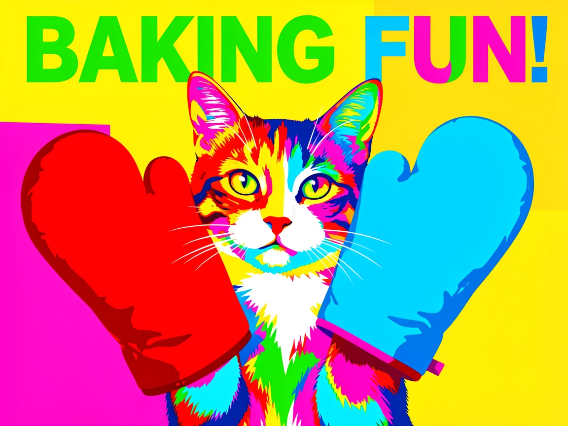Cat wearing oven mitts pretending to bake