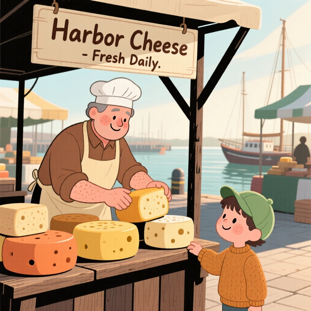 A baker arranges wheels of cheese at a bustling harbor market, greeting a curious child with a warm smile in the morning sun.