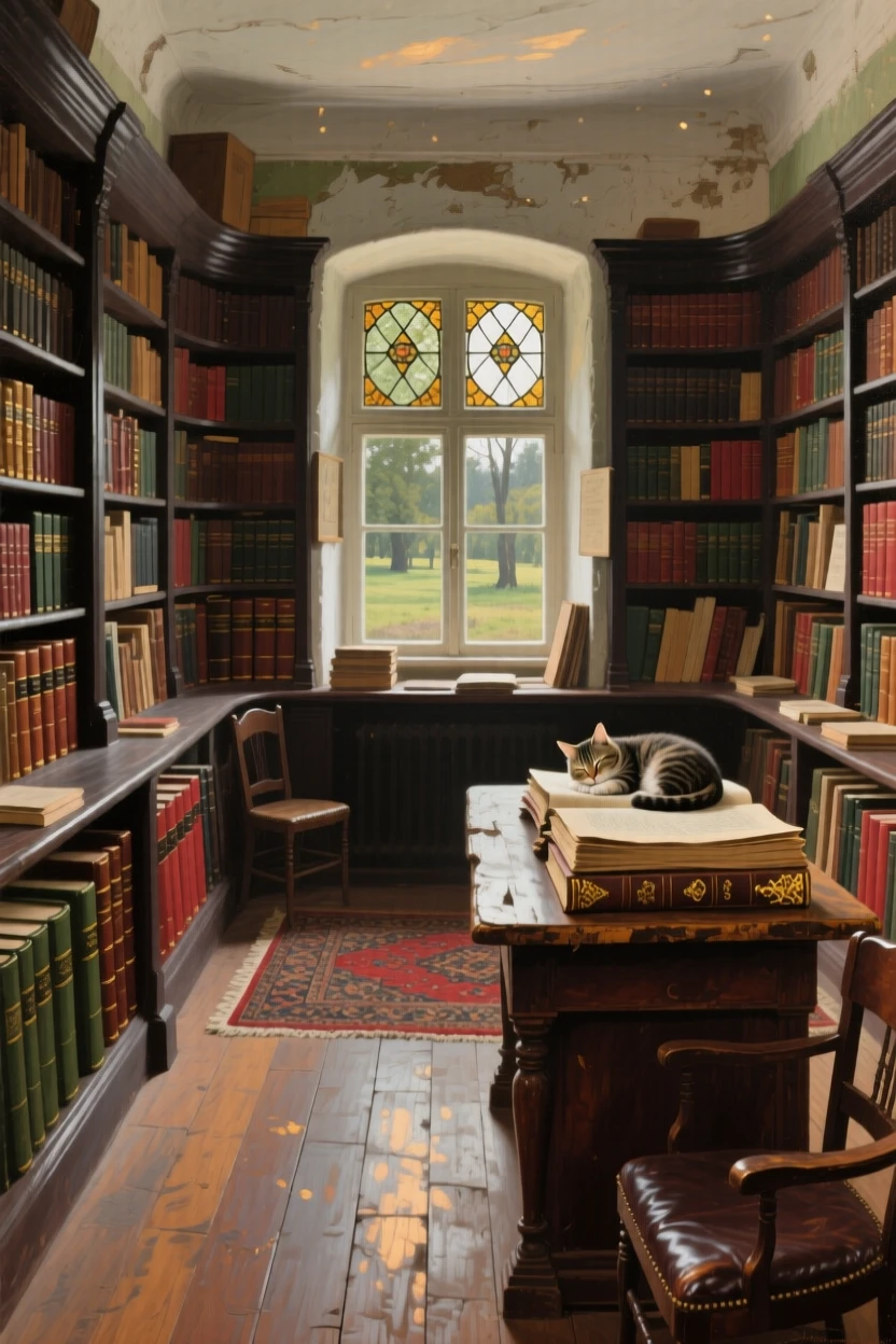 A panoramic view of an antique bookshop crammed with leather-bound volumes and a sleeping cat, in rural Poland, at midday.