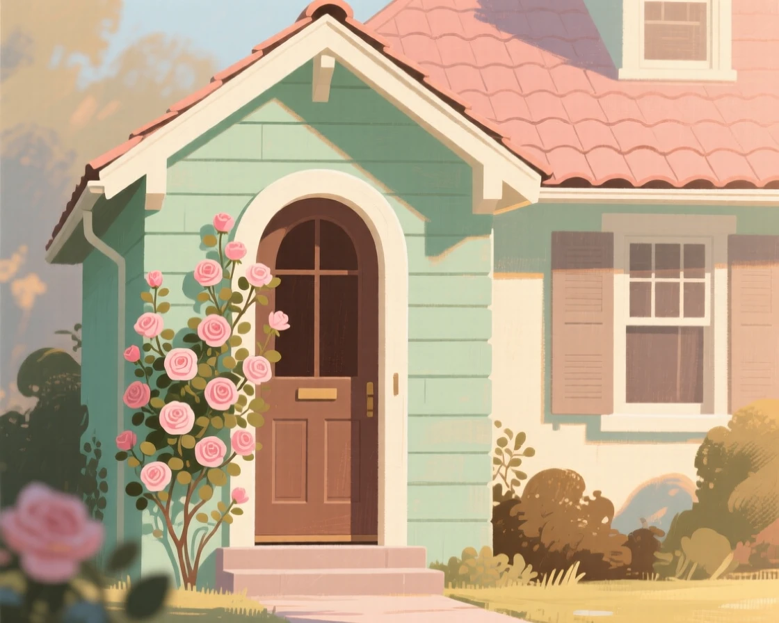 A cozy cottage with roses climbing over its arched doorway