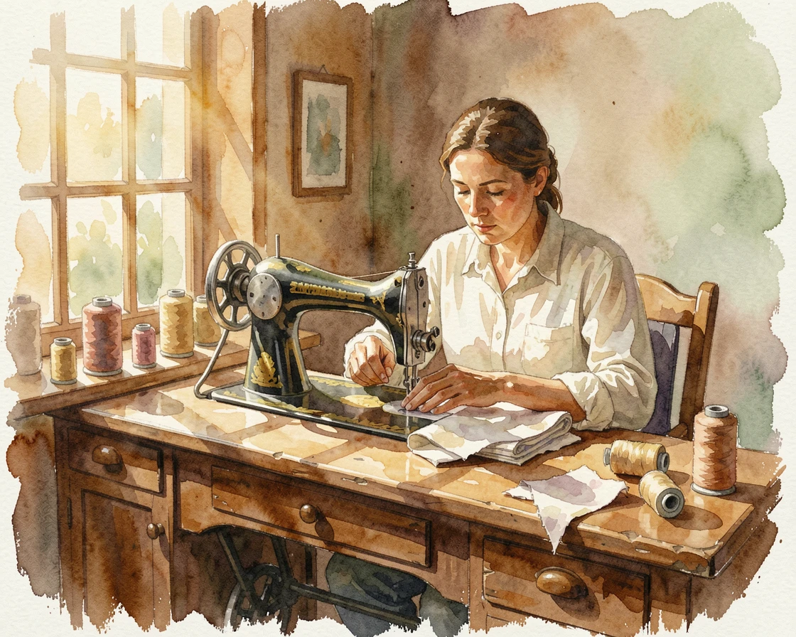 A tailor working carefully at an antique sewing machine surrounded by a warm and inviting setting.