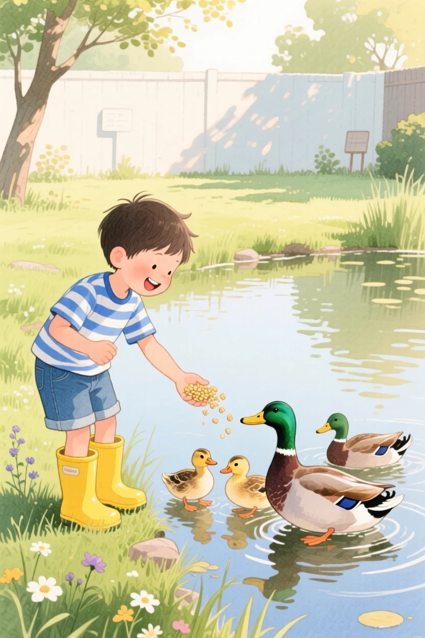 A young boy in rain boots feeds ducks at a quiet pond in a sunlit backyard, laughter and joy filling the warm afternoon air