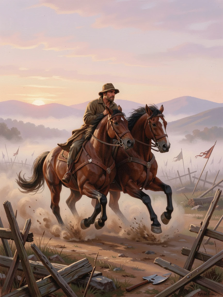 A farmer and his draft horses gallops along a misty battlefield at dawn as dust rises from the ground.