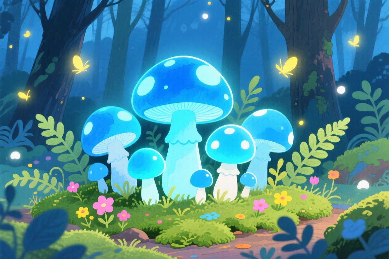 A patch of glowing blue mushrooms in an enchanted wood, vivid and full of life.