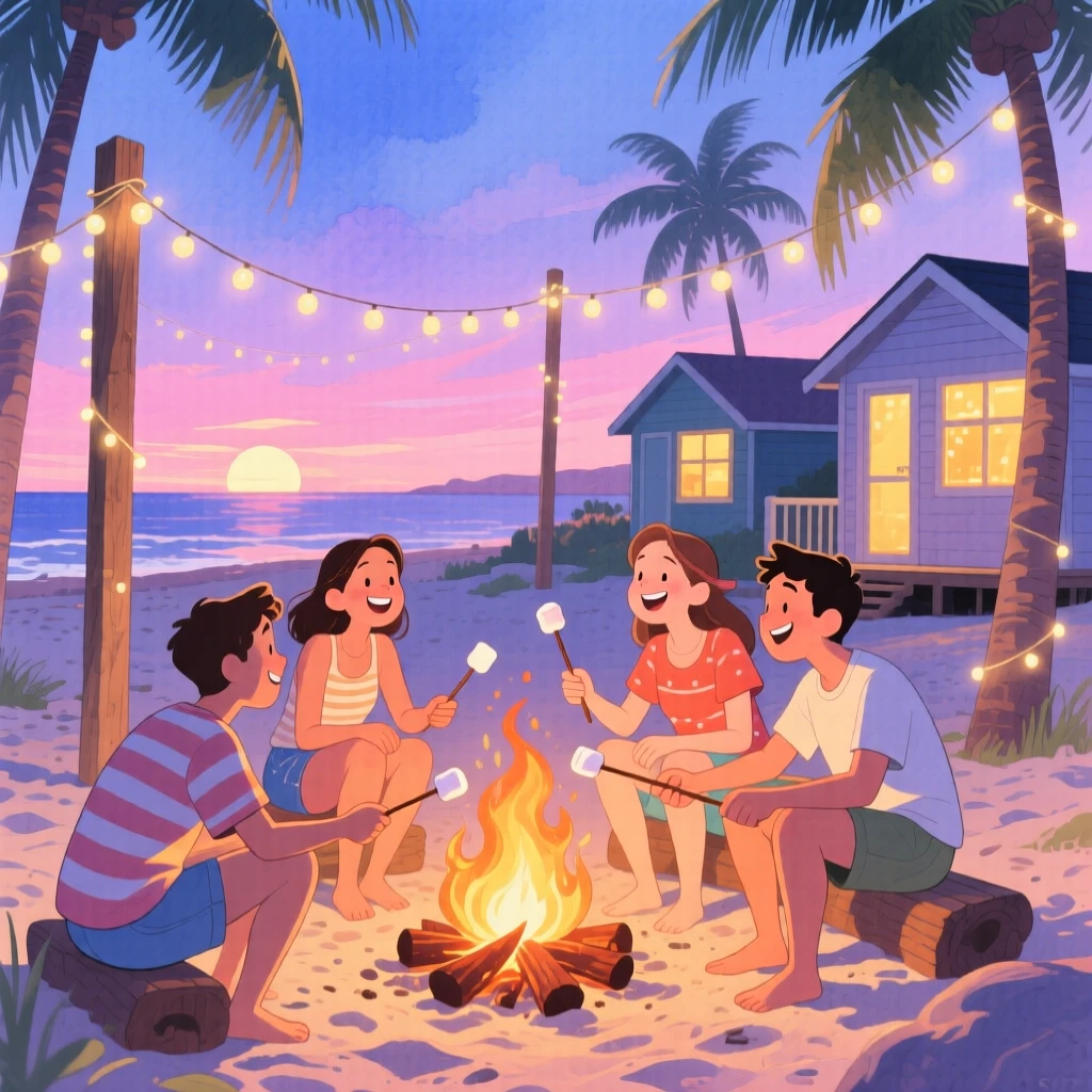 Friends roasting marshmallows around a summer bonfire, in a beach at dusk with string lights swaying, with warm golden light glowing from every window, evoking the warmth of summer friendship.