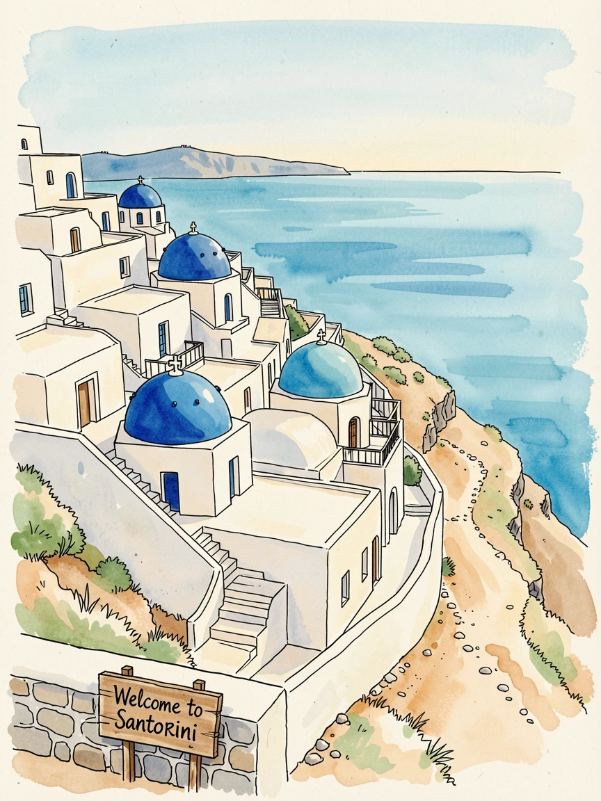 A hillside town in Santorini with white buildings and blue domes overlooking the sea, a sense of timeless charm filling the scene.