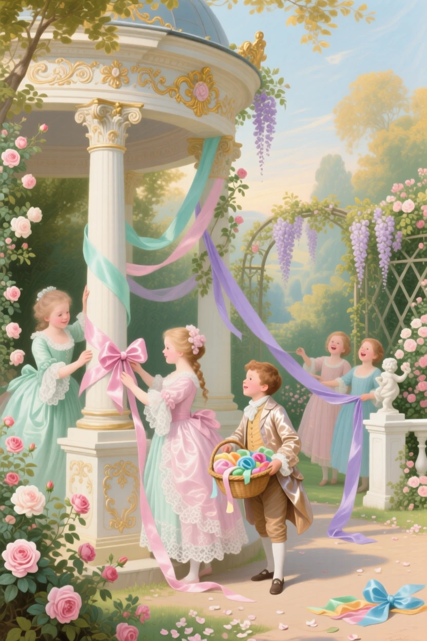 Children decorating a garden pavilion with ribbons for a celebration  