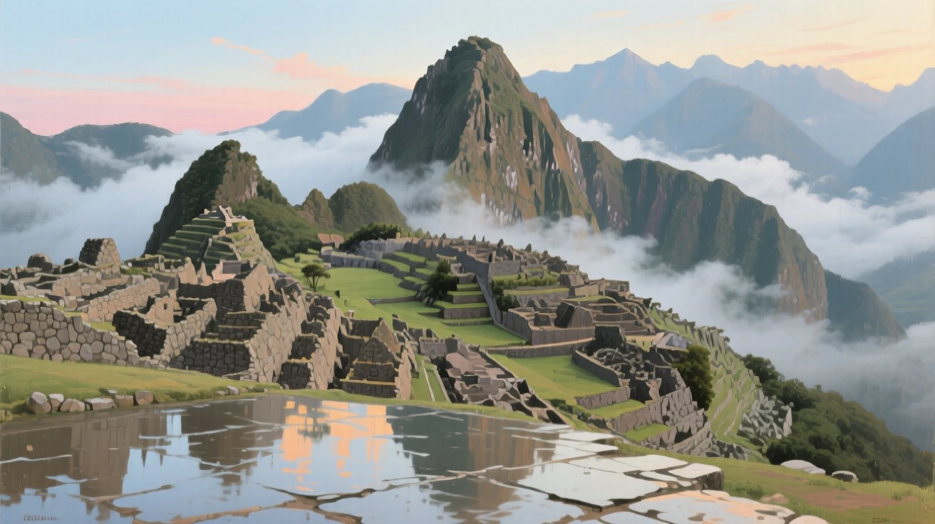 A dramatic view of Machu Picchu emerging from morning cloud cover, as reflections shimmer across nearby water or wet pavement, radiating the unique charm and grandeur of world architecture