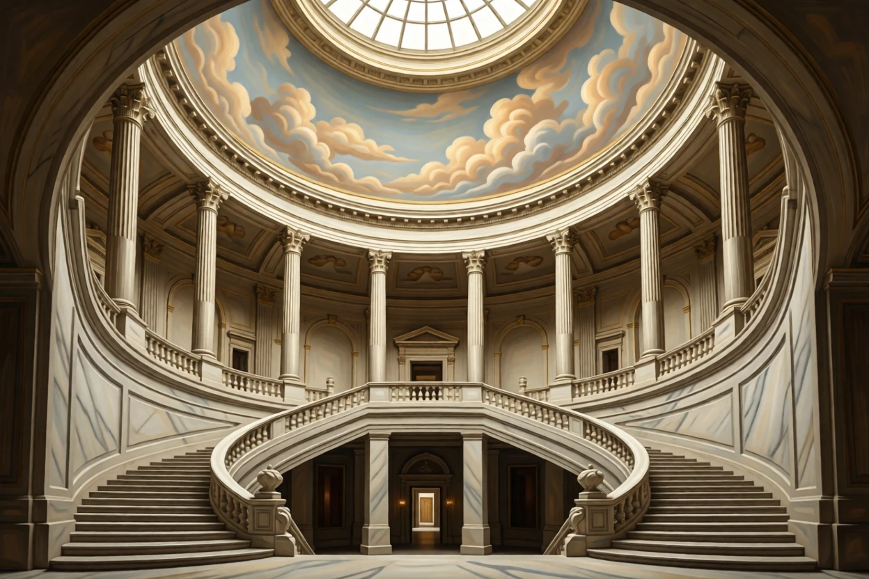 A grand marble staircase spiraling upward beneath a domed skylight holding the quiet grandeur of a bygone era, set within a palace built for generations of nobility, with towering columns rising toward a painted, cloud-filled ceiling; a central vanishing point draws the viewer deep into the grand space, suggesting both luxury and profound stillness.
