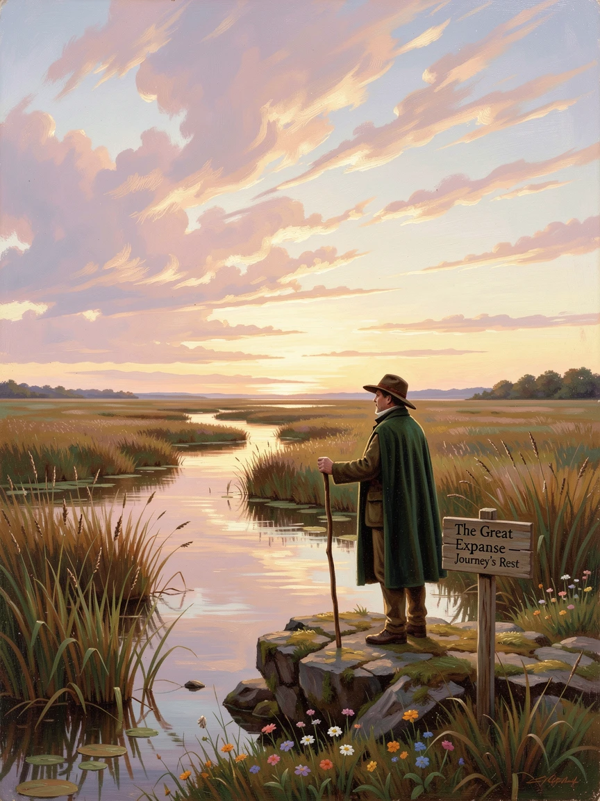 A marshland reflecting the wide open sky, with a solitary traveler pausing to take in the view.