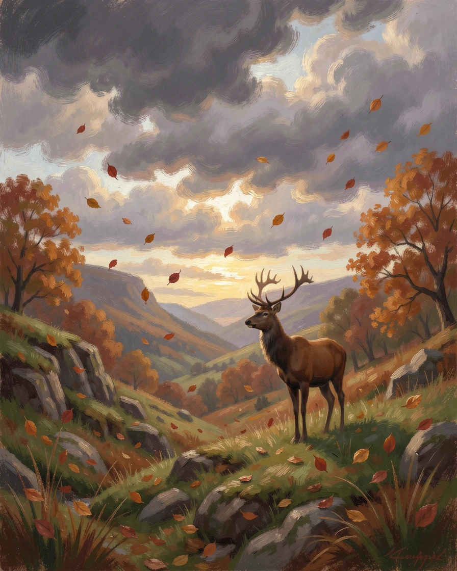 A rugged Scottish highland glen with a solitary stag silhouetted against a dramatic stormy sky, as autumn leaves begin to fall, filled with a cozy, comforting atmosphere.