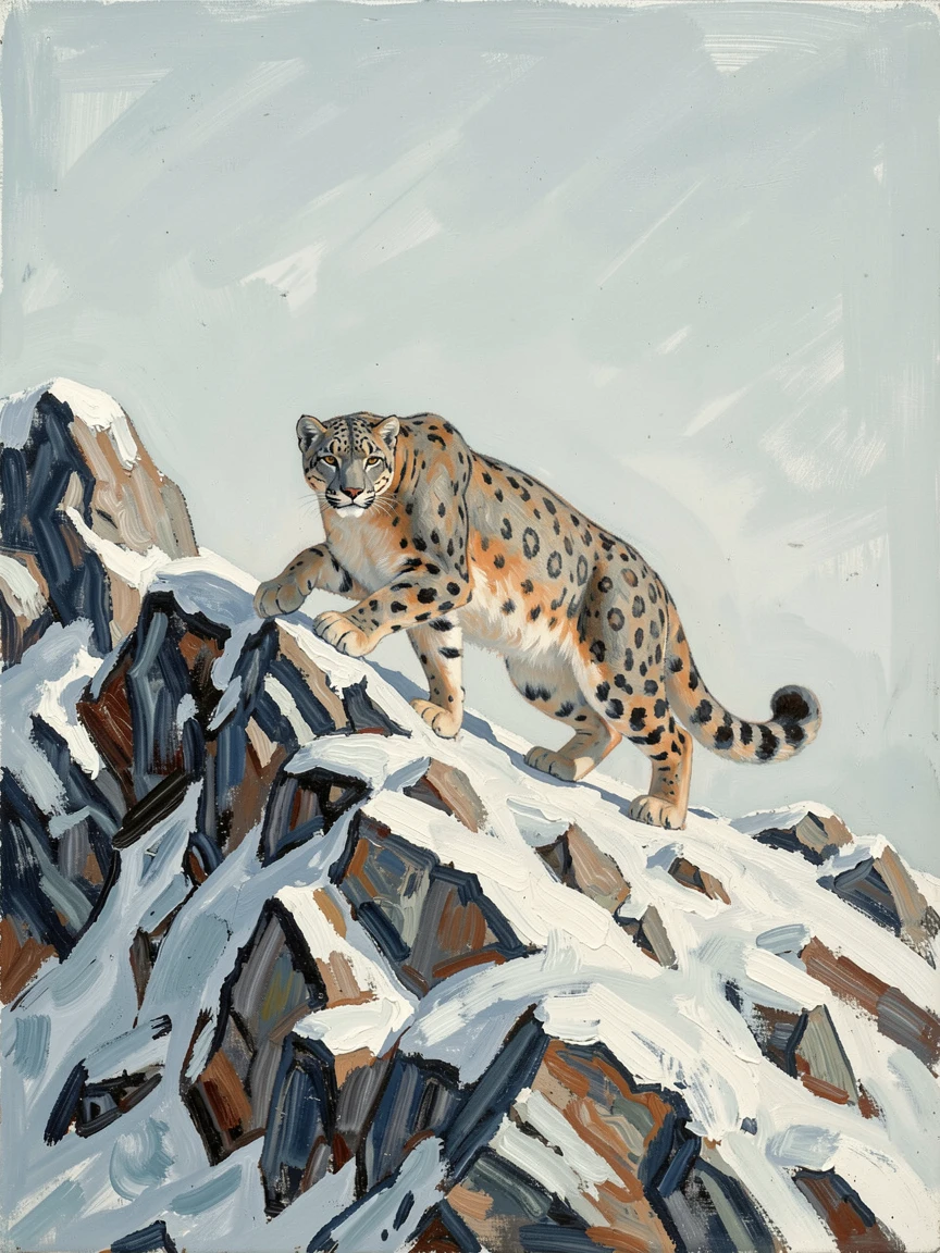 A snow leopard prowling along a rocky mountain ridge under a pale winter sky.