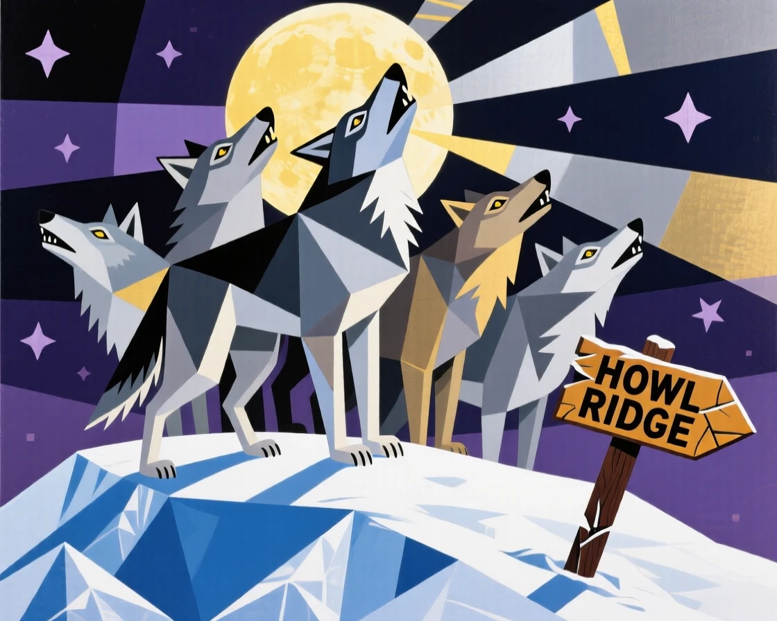 A wolf pack howling together atop a snowy ridge under a full moon.