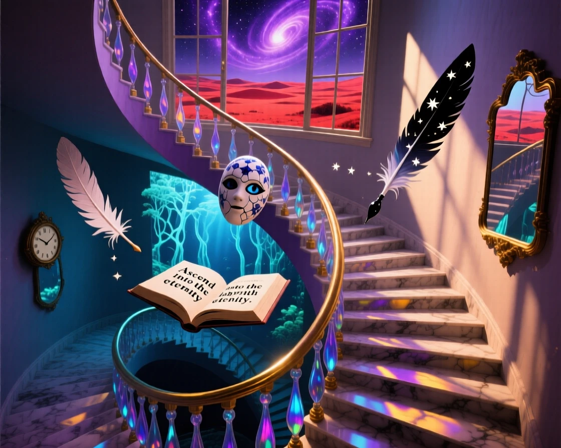 An infinite staircase spiraling both upward and downward at once folds back upon itself in impossible geometry, as light bends unnaturally around every corner.
