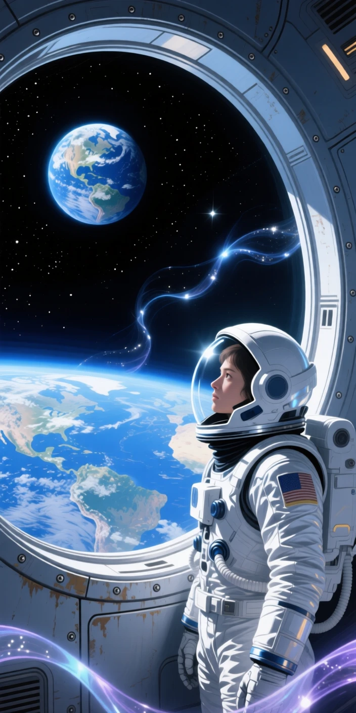 An astronaut gazes out a spacecraft window at a distant blue Earth, the vast emptiness of space stretching infinitely beyond, faint traces of light or energy drifting through the air to heighten the sense of magic.
