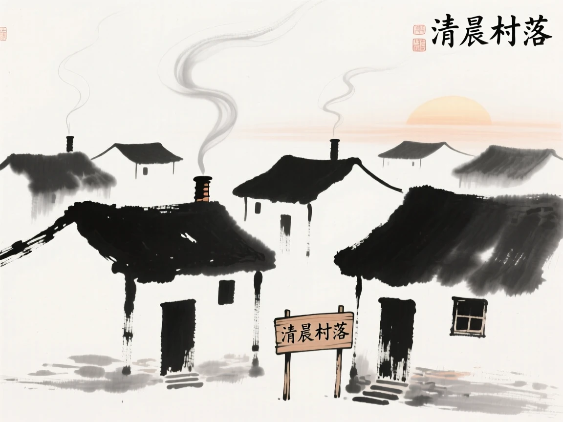 Smoke rises gently from chimneys in a village at dusk, as the first light of morning touches the rooftops.