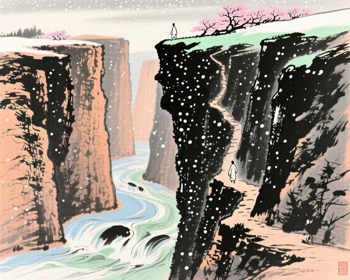 A deep gorge with sheer rock walls and a rushing river below, with a lone figure walking a narrow path in the distance, under the first snow of winter, in a warm breeze carrying the scent of blossoms.