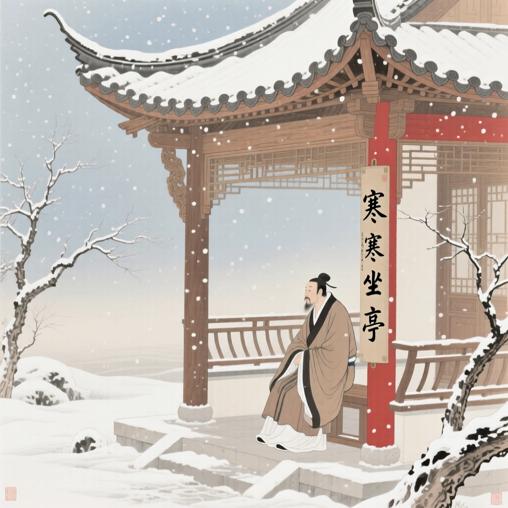 A lone traveler resting beneath a pavilion during a snowstorm