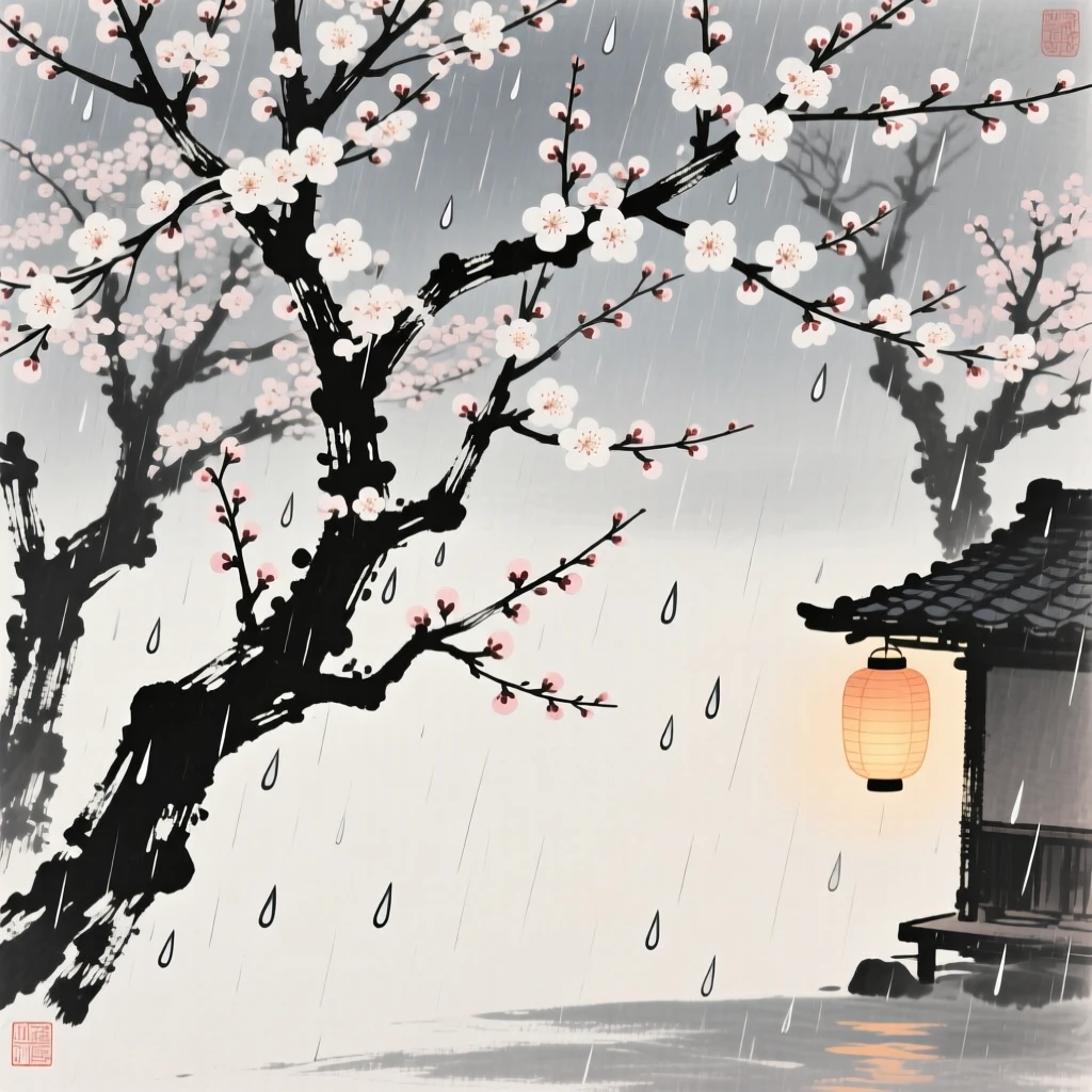 A gentle spring rain falling over blooming plum trees beneath a canopy of blossoming trees, composed with warm lantern light glowing against a cool evening, conveying cozy stillness and seasonal wonder.