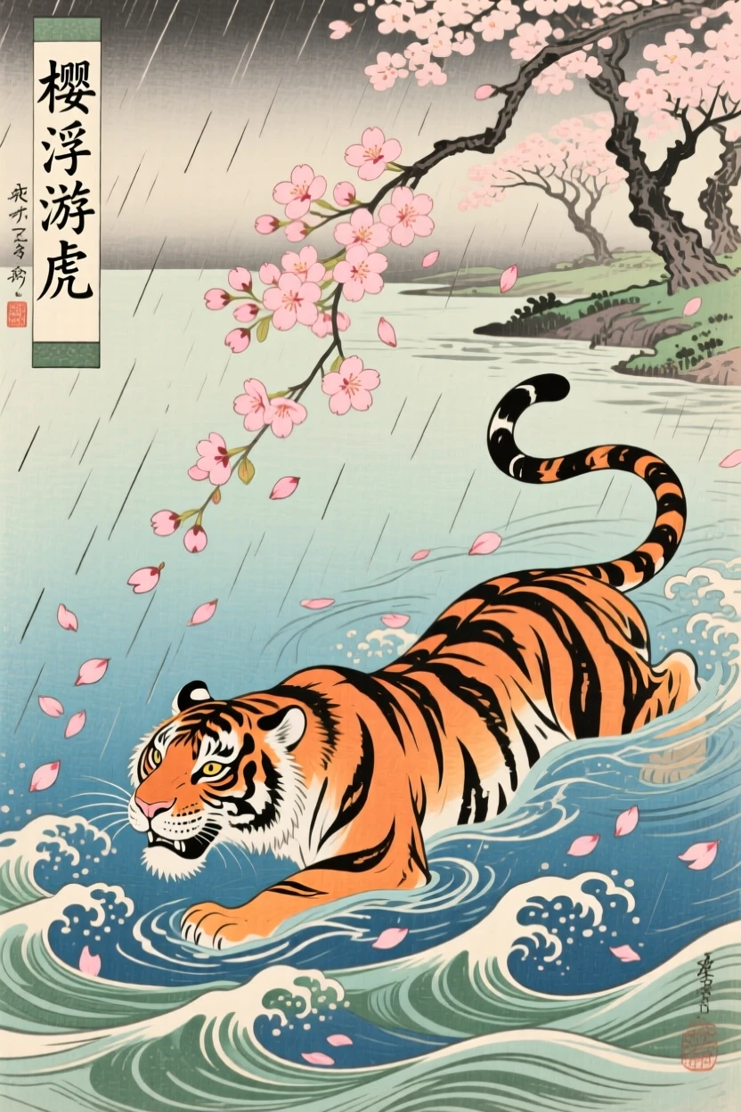 A majestic tiger swimming beneath drifting cherry petals.