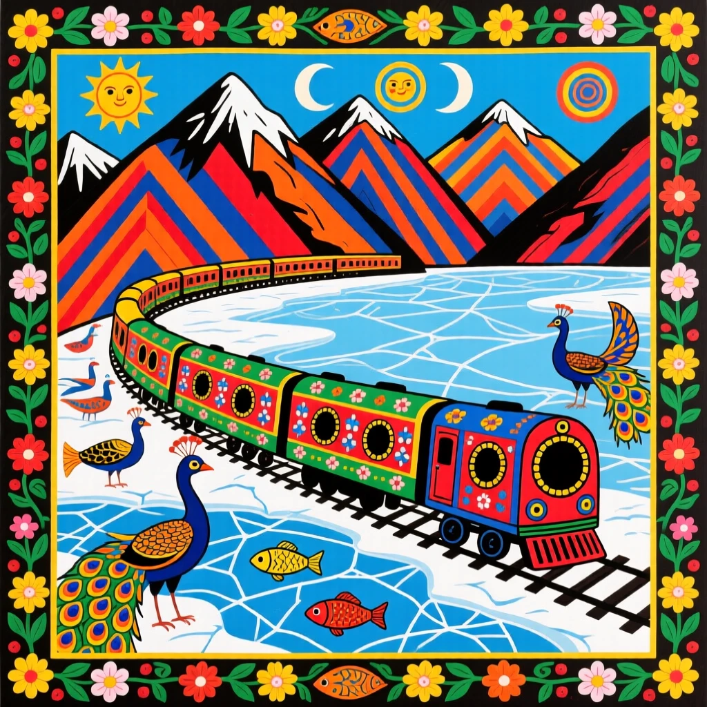 A train winding through a mountain pass beside a frozen lake.