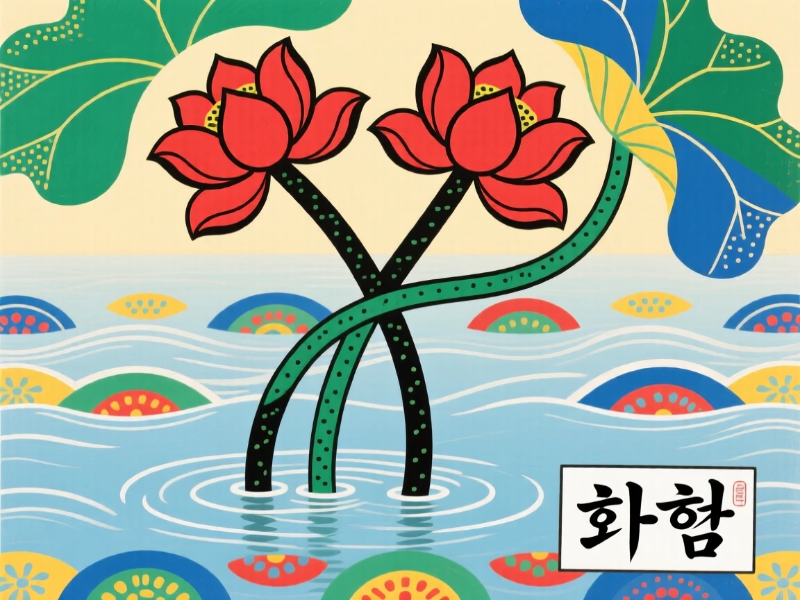 A pair of intertwined lotus stems rising from calm water, representing harmony.