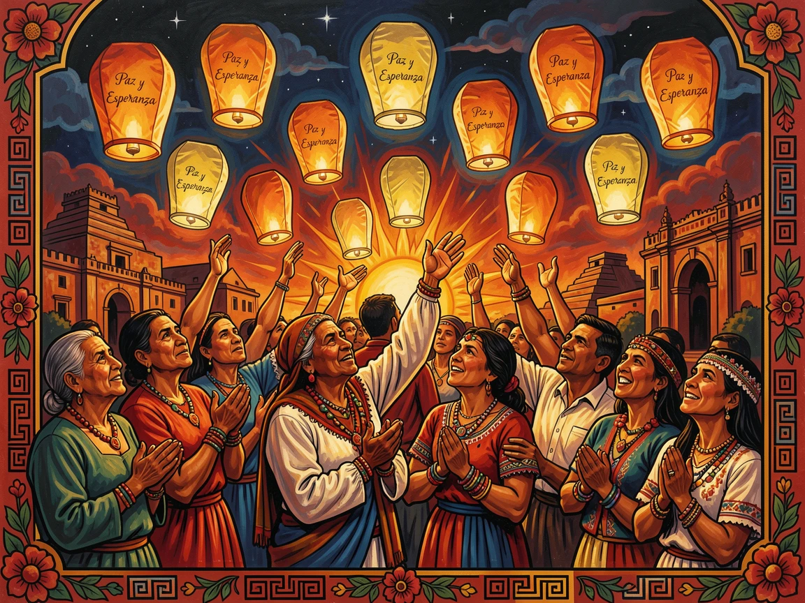 A group of worshippers releasing paper lanterns into the night sky