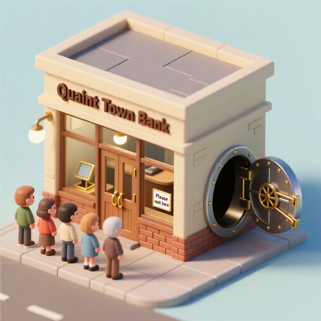 A quaint small-town bank with brass teller windows, a vault door standing open, and a line of customers waiting patiently.
