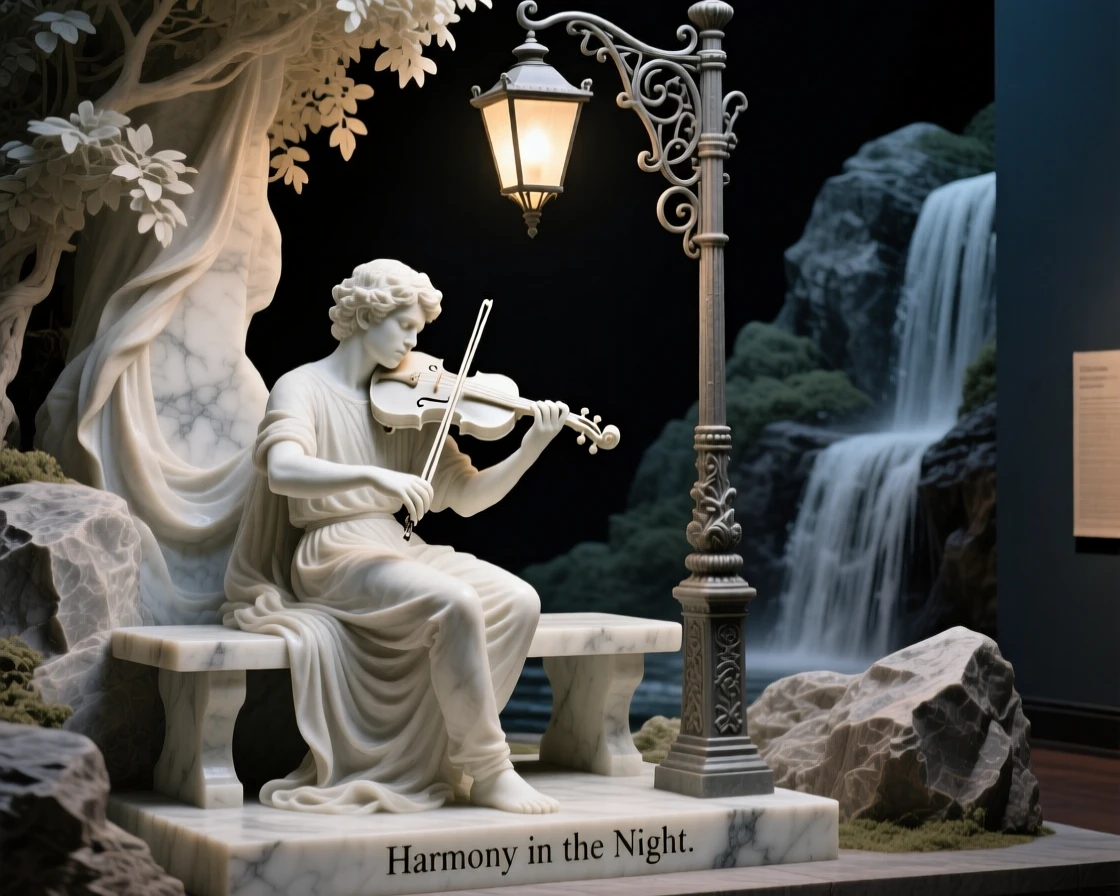A vivid, emotionally rich scene of a violin player performing beneath a streetlamp, framed by dramatic natural scenery, designed to captivate and inspire