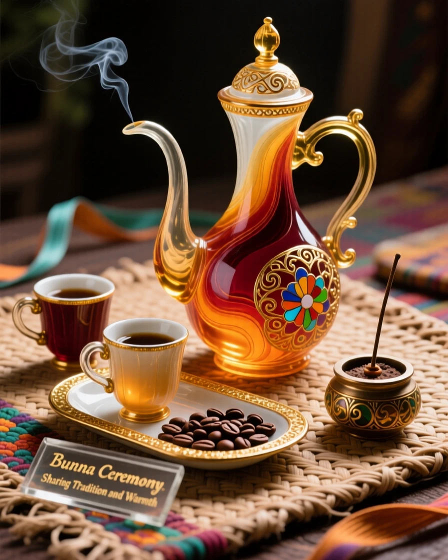 A traditional Ethiopian coffee ceremony set arranged on a woven mat, warm and communal.