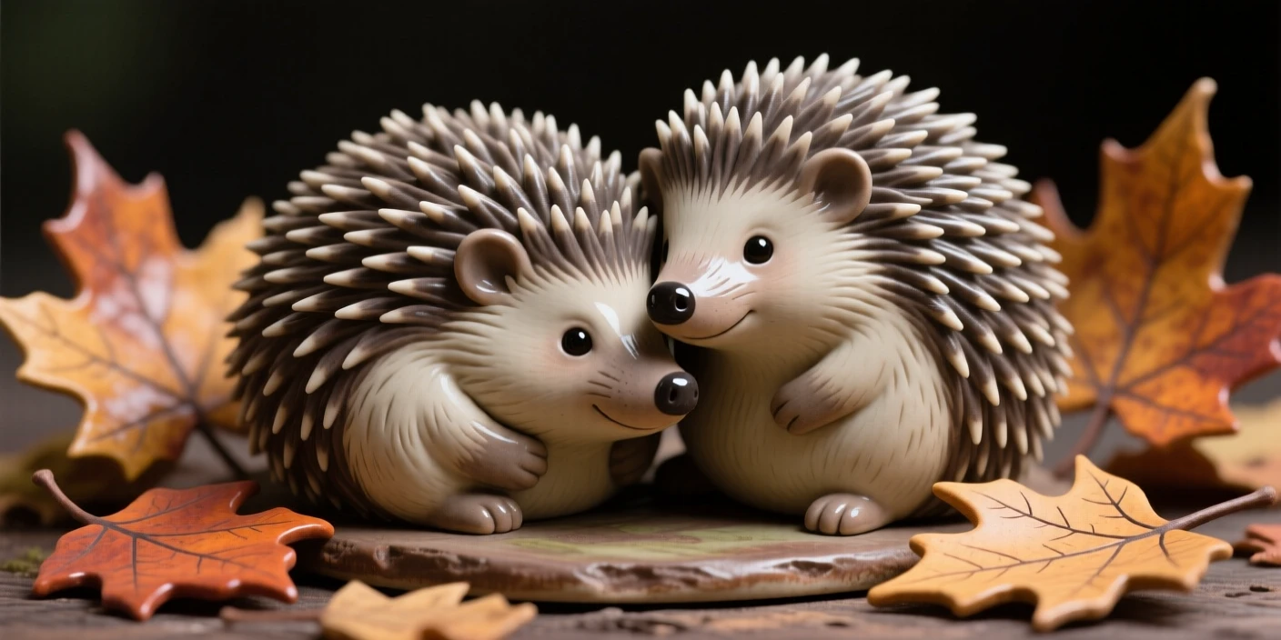 A hedgehog curled into a ball nuzzling gently against its companion, framed by scattered autumn leaves, filling the scene with playful, heartwarming charm.