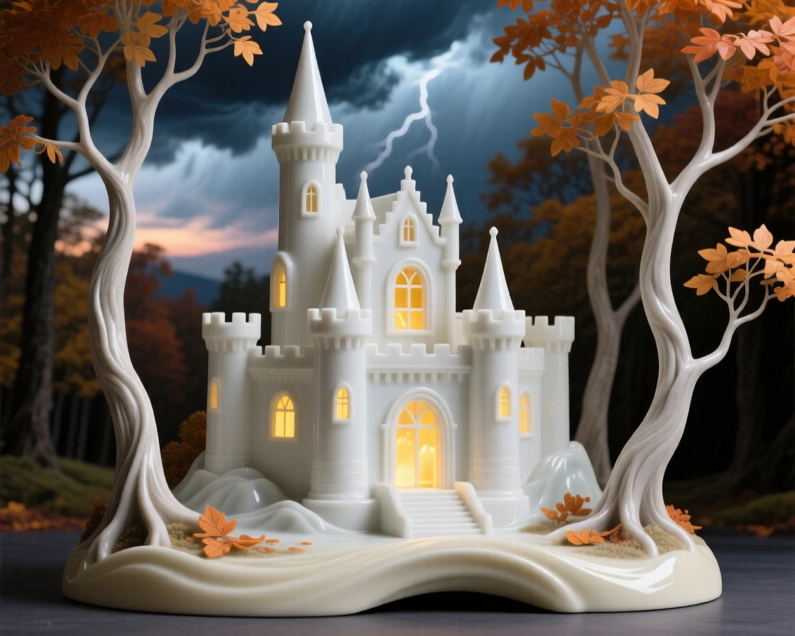 A storm-lit castle surrounded by autumn forest, glowing warmly from within at dusk.