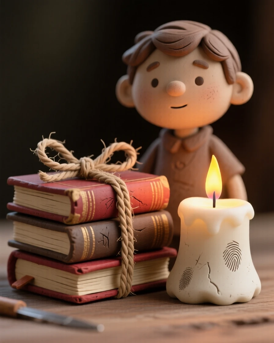 A stack of vintage books tied with twine beside a lit candle