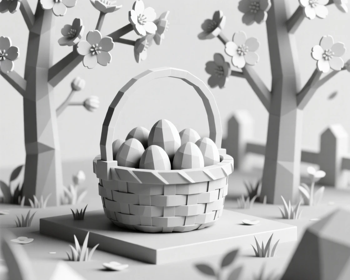 A Easter basket filled with pastel eggs in a spring garden, beneath blooming cherry blossoms. rich seasonal colors bring the scene to life. A gentle sense of togetherness fills the scene.