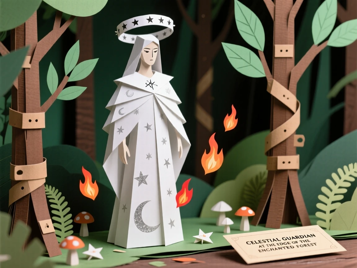 A celestial guardian standing at the edge of an enchanted forest, with embers drifting through the air, evoking a sense of legend and myth.