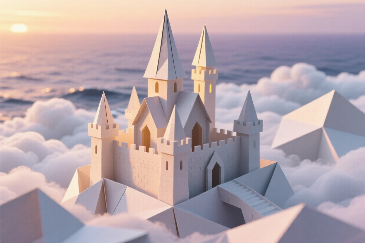A castle rising from a sea of clouds, its spires catching the first light of dawn.