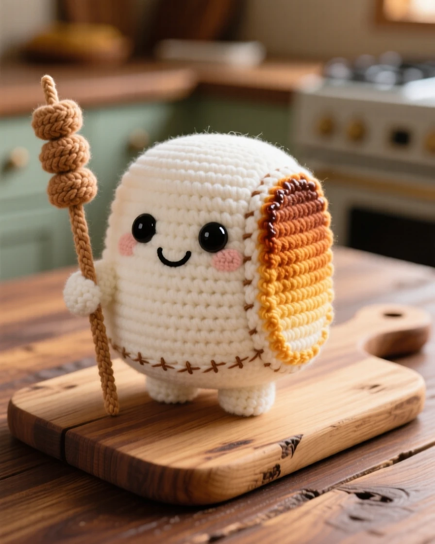 a plump marshmallow character, toasted golden on one side, skewered on a small roasting stick, displayed in a rustic wooden kitchen table, with a rustic wooden serving board, radiating bright, appetizing cheerfulness.