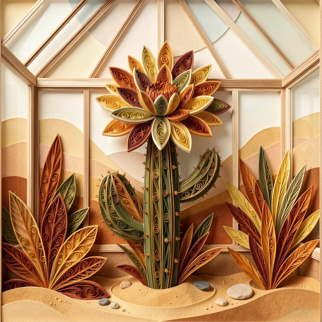 A serene botanical study of a blooming cactus flower in a desert landscape in a greenhouse filled with soft filtered light, in warm autumn hues of amber and rust, arranged with a single stem as the clear focal point.