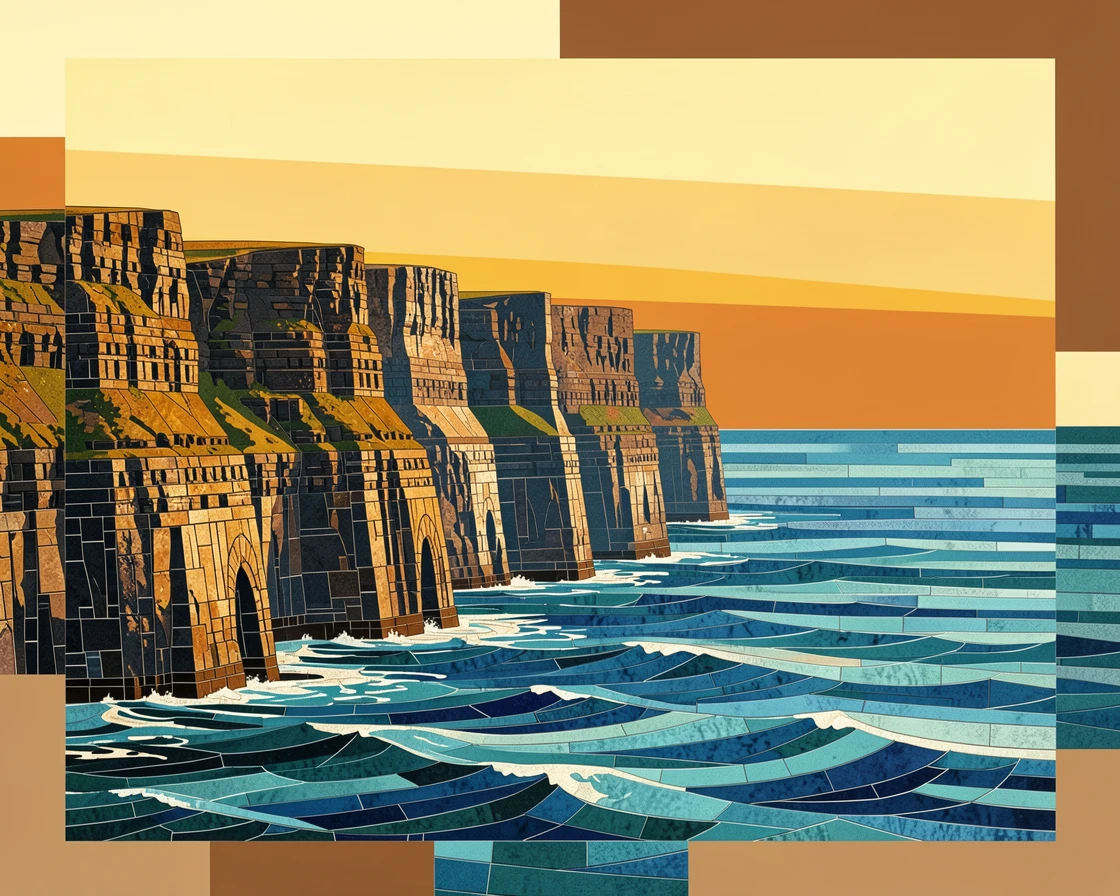 A breathtaking wide-angle view of the dramatic cliffs of the Cliffs of Moher over the Atlantic, with rich warm lighting and fine architectural detail.