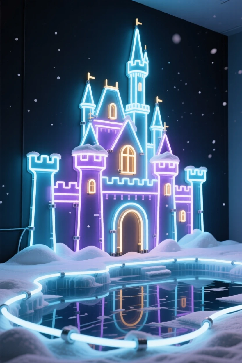 A snow-dusted castle rising above a frozen moat.