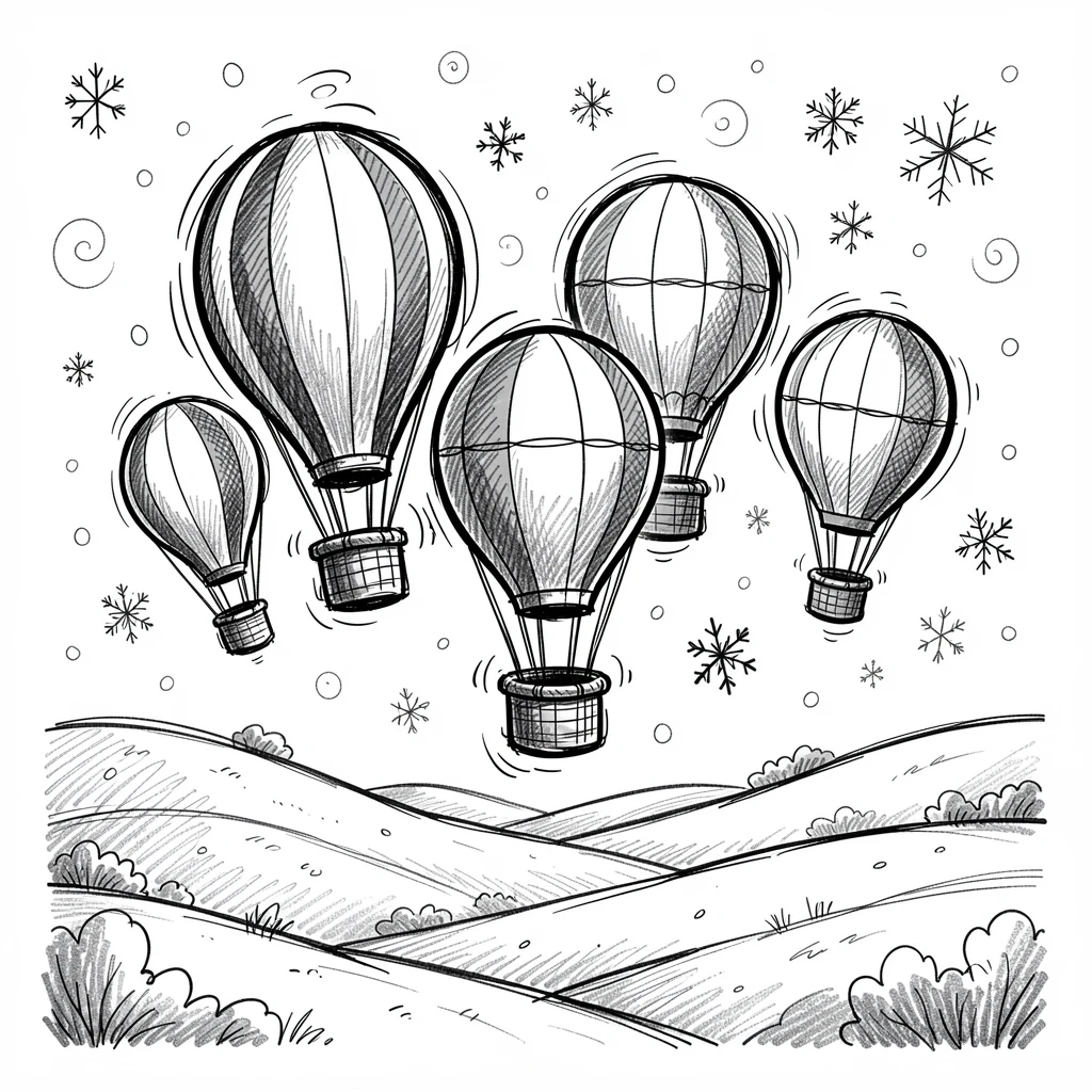 A cluster of colorful hot air balloons over a valley during a gentle snowfall.