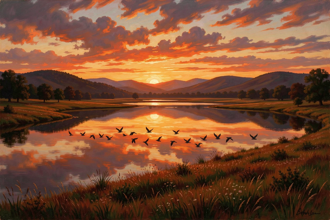 A flock of birds crosses beneath a sunset reflected in a still lake across a wide open field.