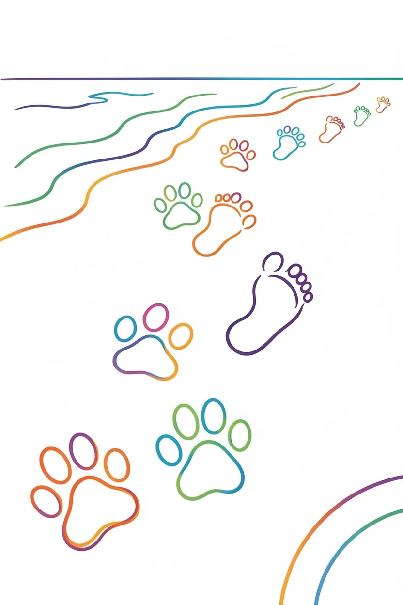 A trail of paw prints and footprints walking together along a beach.