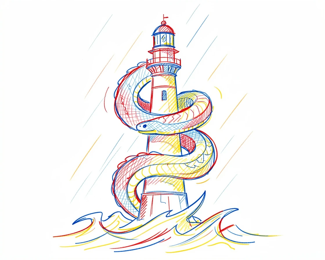 A sea serpent coiling gracefully around a lighthouse in a storm
